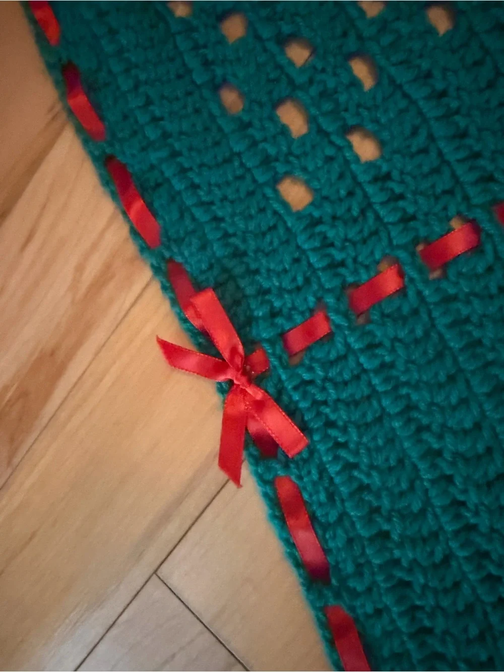 Vintage Hand Crocheted Christmas Afghan Throw Red Ribbon Holiday Blanket 54x75